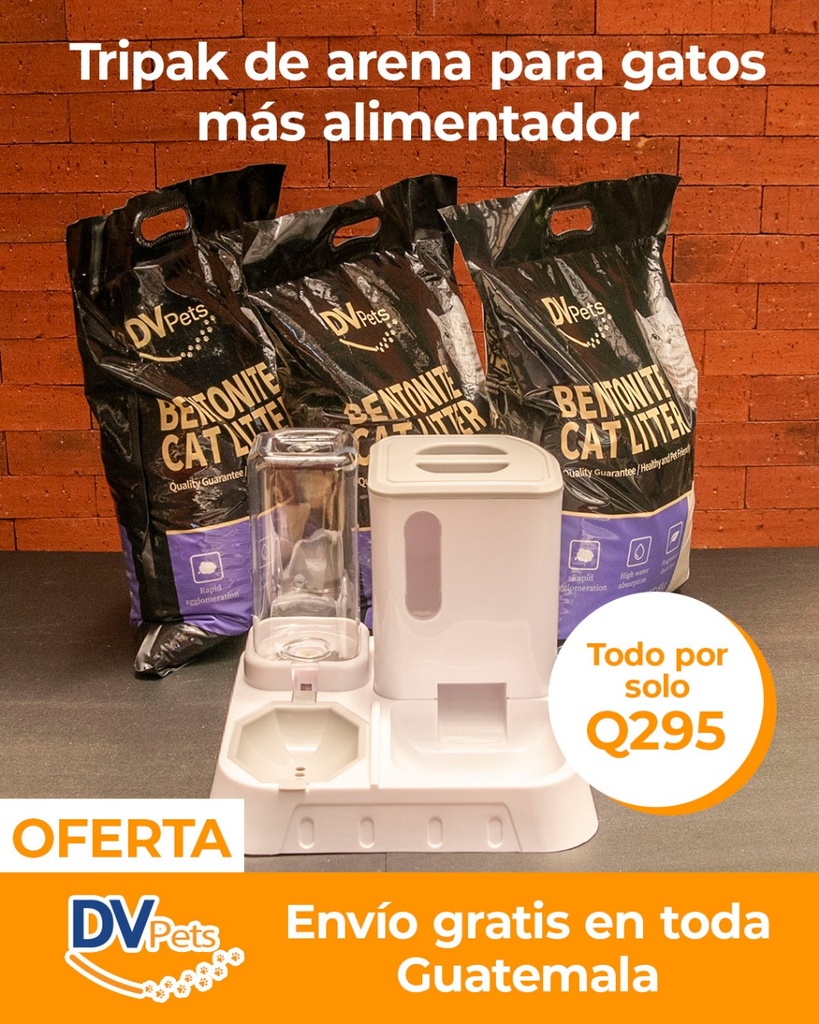 TRIPACK DE ARENA PARA GATO + DISPENSADOR DE COMIDA GRATIS