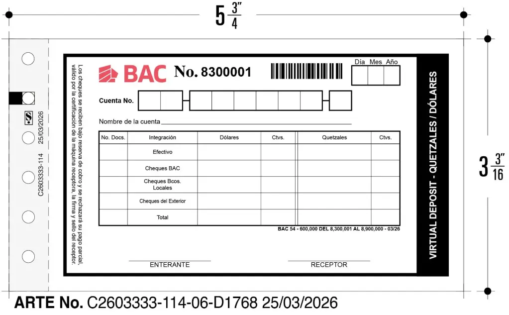 VIRTUAL DEPOSIT QUETZALES/DOLARES BAC P/500 NEGRA CON COD. DE BARRA